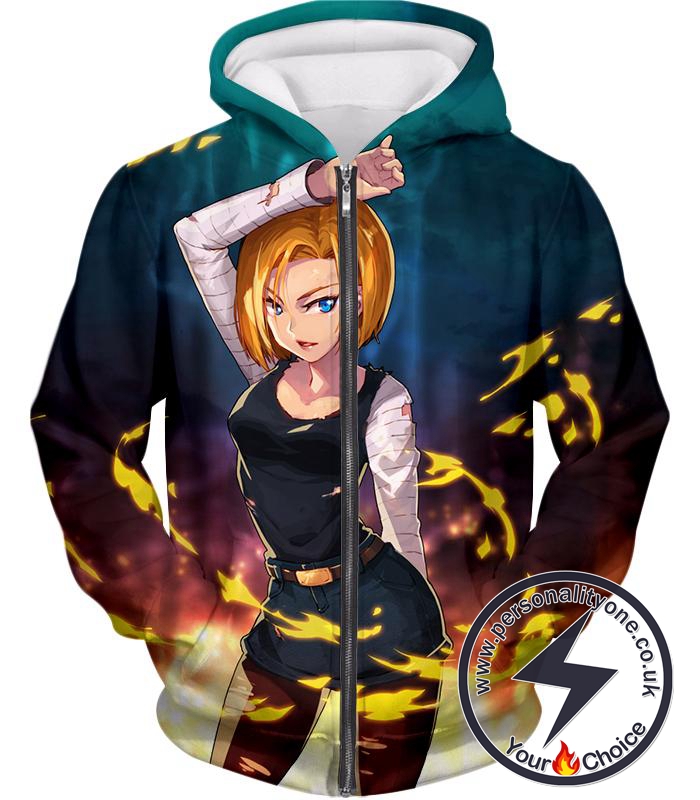 Dragon Ball Super Very Cute Fighter Android 18 Awesome Promo Anime Zip Up Hoodie